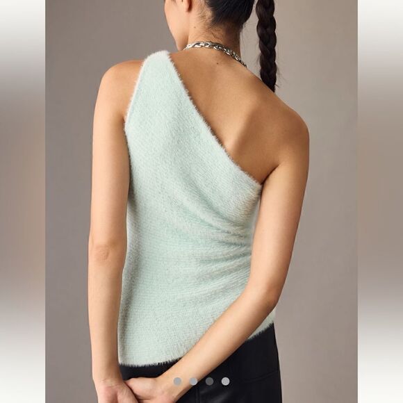 By Anthropologie One-Shoulder Eyelash Sweater Tank Sky Mint Green L NWT - Picture 4 of 13